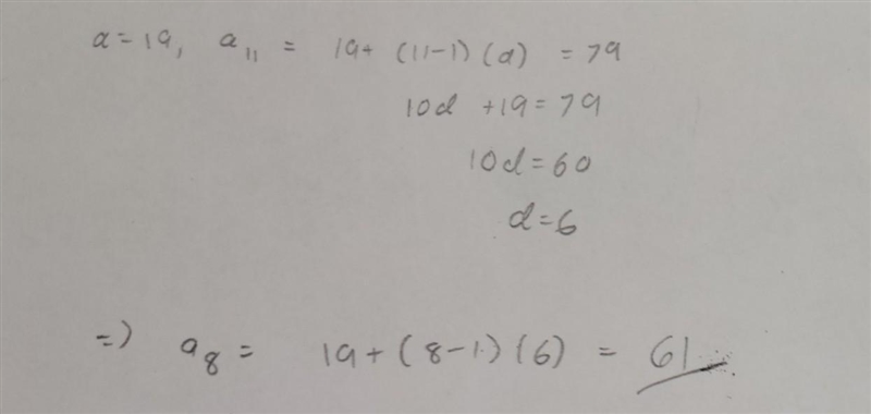 The 1st term of an arithmetic sequence is 19. The 11th term of the sequence is 79 what-example-1