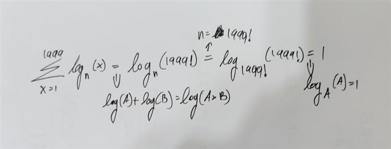 If n= 1999 ! then \large \sf\sum\limits_(x = 1)^(1999) log_(n)(x) is equal to a) -1 b-example-1