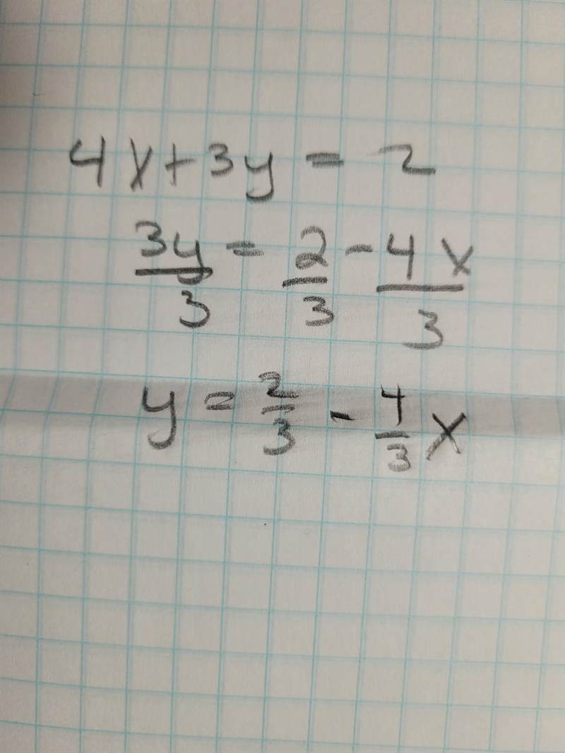 Solve 4x + 3y = 2 for y. Question 18 options: A) y = –4∕3x + 2∕3 B) y = –4x + 2 C-example-1