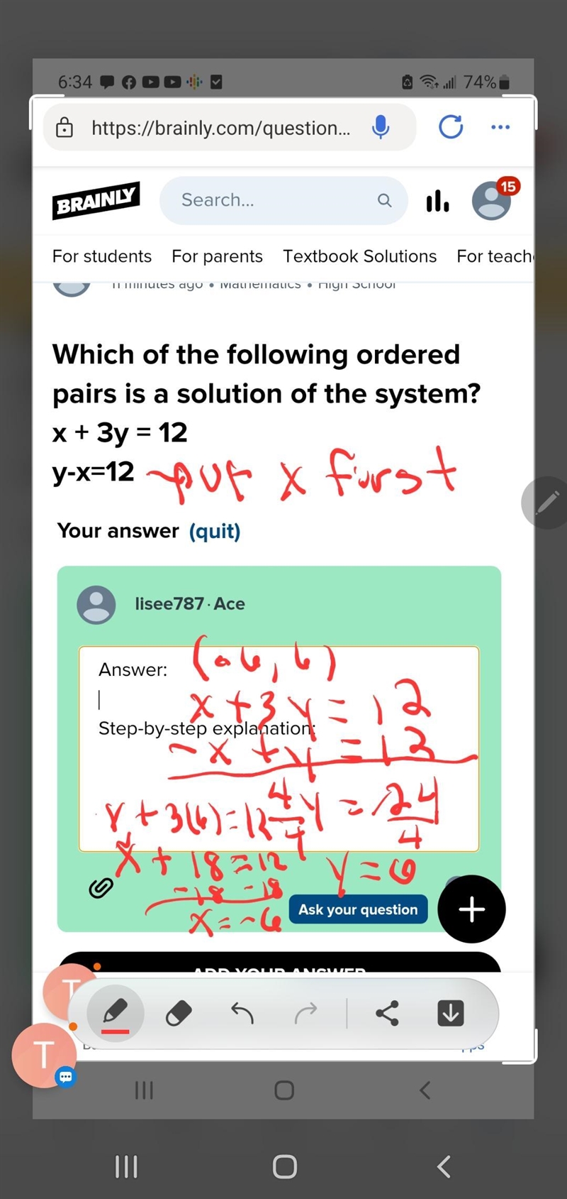 Which of the following ordered pairs is a solution of the system? x + 3y = 12 y-x-example-1