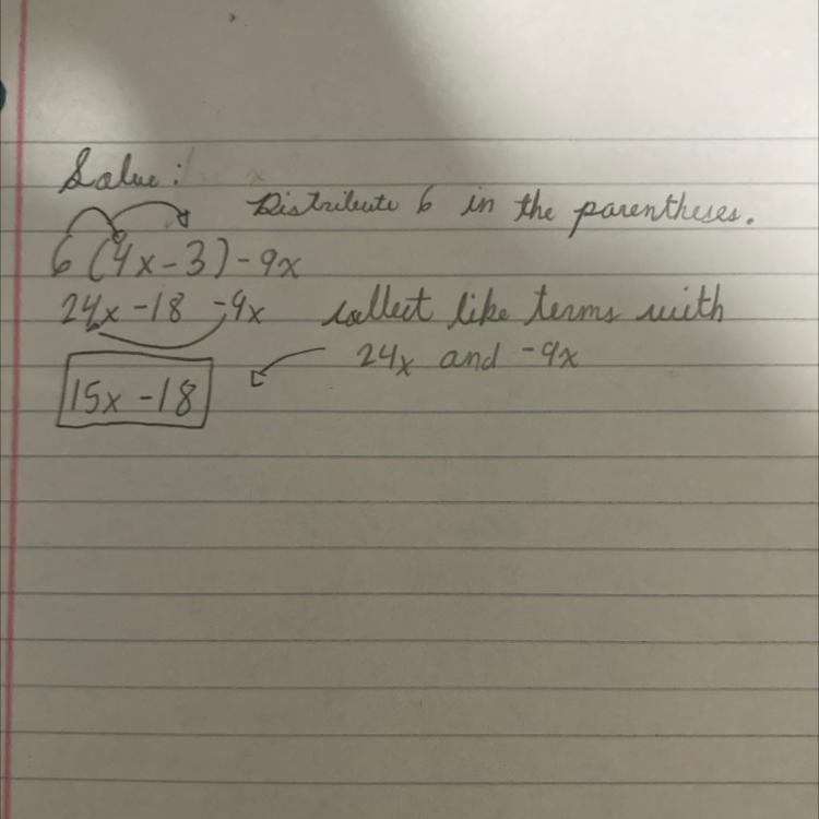 What's the answer to this ? 6( 4x -3) -9x-example-1