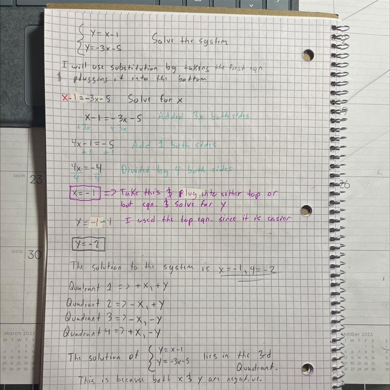 In which quadrant does the solution of the system fall? y=x-1 y=-3x -5-example-1