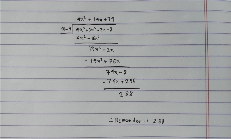 Divide 3 X square + 4 x cube minus 8 minus 2 X by x minus 4 1)what is the coefficient-example-1