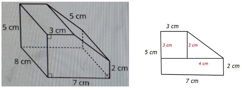 Prism pen , Base som 3cm) bom 8cm 2cm 7 cm height=8m 7 find volume-example-1