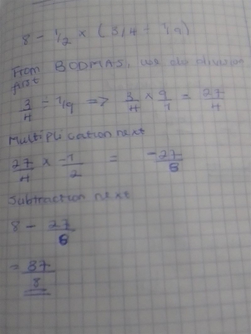 Evalute the expression easy. 8- 1/2x(3/4 ÷ 1/9)-example-1