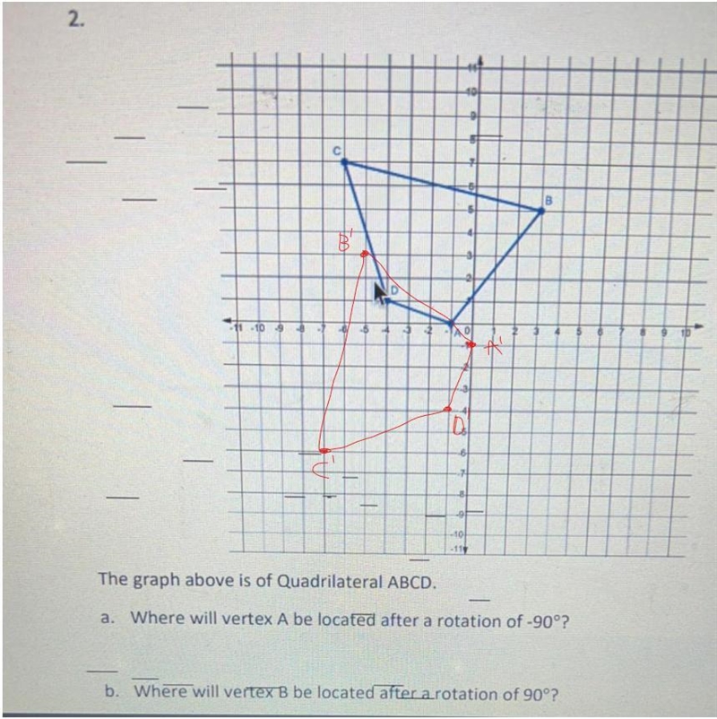 A. where will vertex A be located after a rotation of -90° B. where will vertex B-example-1