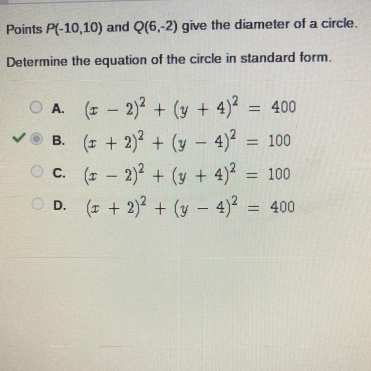 Points P(-10,10) and Q(6,-2) give the diameter of a circle. Determine the equation-example-1