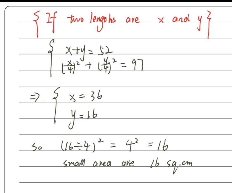 A wire of length 52 cm is cut into two parts. and each part is bent to form a square-example-1