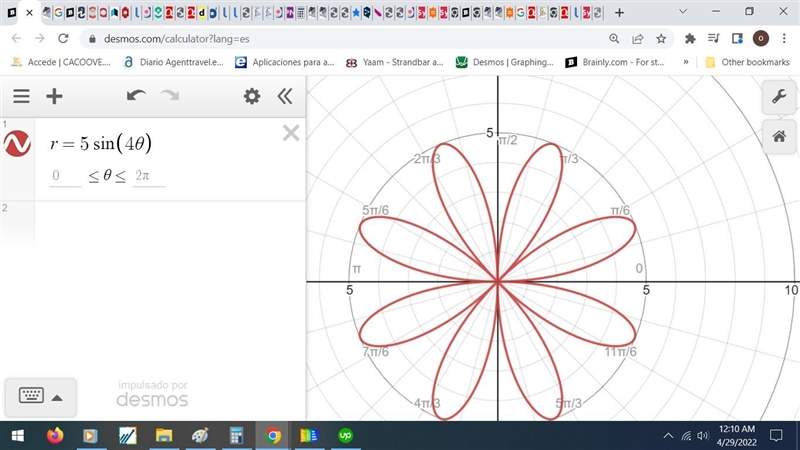 The polar equation r = 5sin(4θ) graphs as a rose.What is the length of the petals-example-1