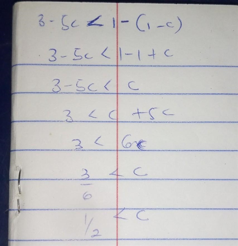 Find the value of each variable The Value of 3-5c is 1 less than the value of 1-c-example-1