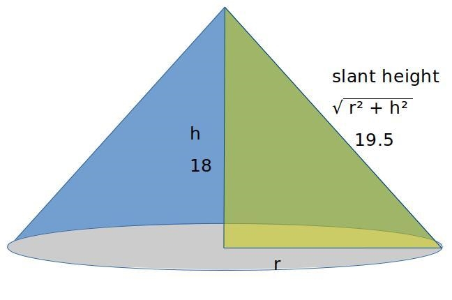 A cone-shaped lampshade has a height of 18 cm and a slant height of 19.5 cm. Find-example-1