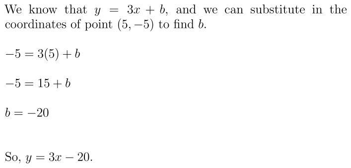 Find the slope-intercept equation of the line that passes through (5, -5) and has-example-1