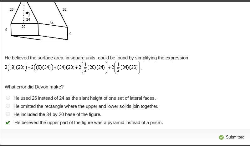 Devon studied the composite figure. A rectangular prism with length of 20, width of-example-1