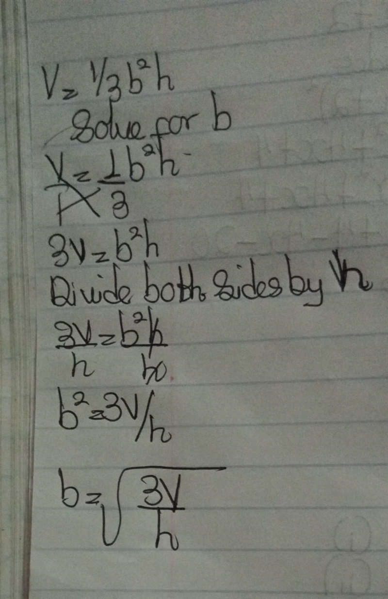 Solve the formula V = b²h fo O A. b = VЗV - h О в. b - V D 3V Ось = √ву OD. b = √3Vh-example-1