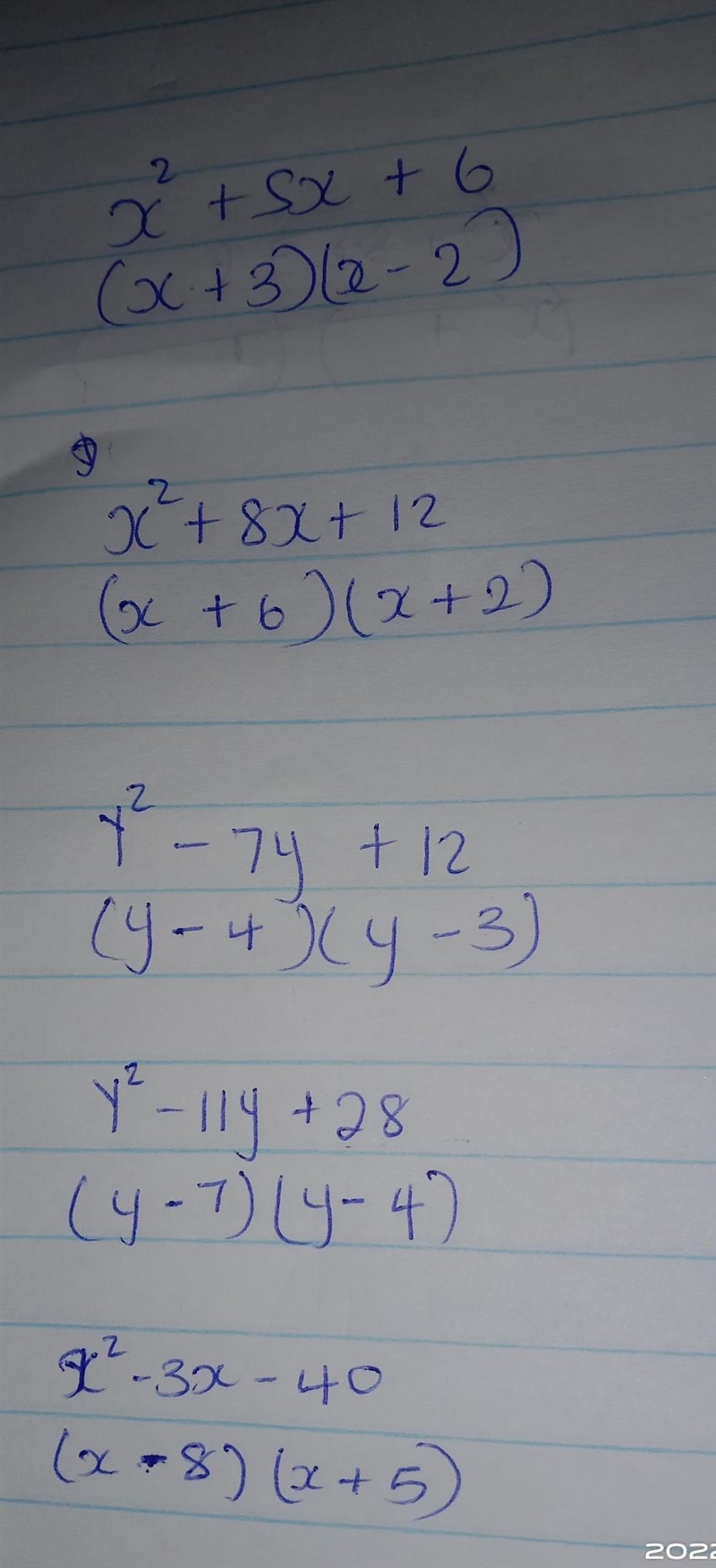 X2 + 5x + 6 x2 + 8x + 12 y2-7y + 12 y? - 11y + 28 x2 - 3x - 40-example-1