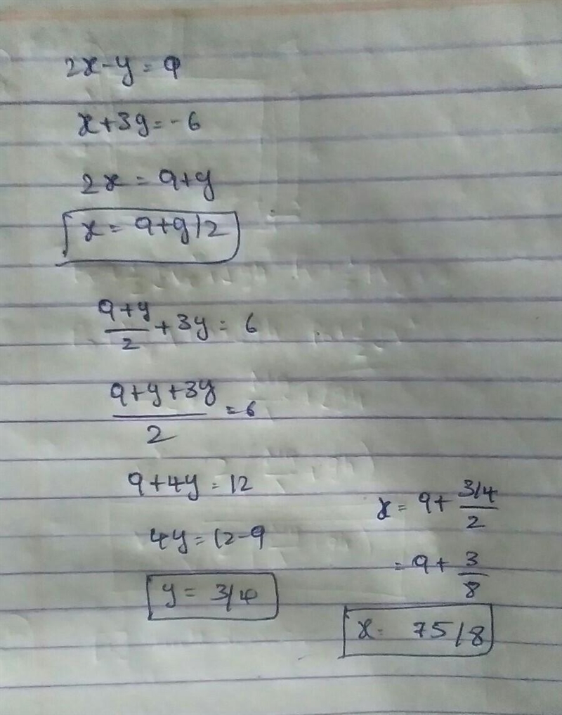 Use substitution to solve this equation; 2x-y=9 , x+3y=-6-example-1