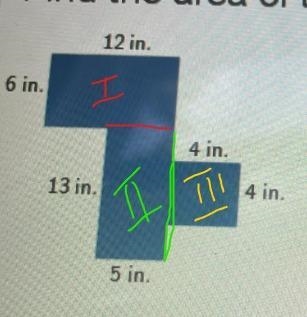 Find the area of the irregular figure. 6 in. 13 in. 12 in. 5 in. 4 in. 4 in. A = [? ]in-example-1