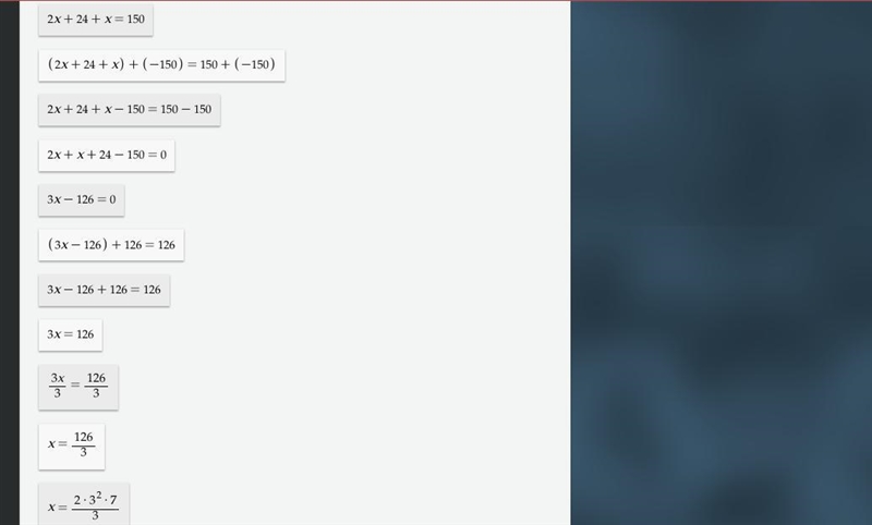 What is the correct way to do 2x+24+x=150-example-1