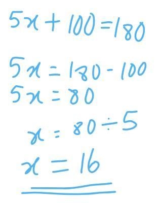 What is the value of x ? write your answers in the blanks 5x+5+95=180-example-1