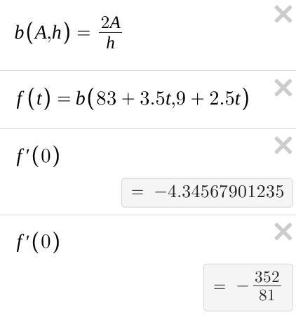 The altitude of a triangle is increasing at a rate of 2.5 2.5 centimeters/minute while-example-1