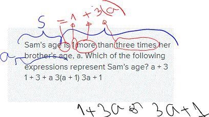 Sam's age is 1 more than three times her brother's age, a. Which of the following-example-1