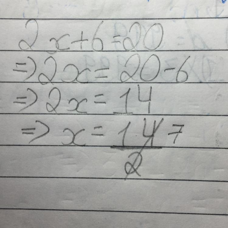 Question 6 of 10 What is the solution to this equation? 2x+6=20 A. x = 13 B. x = 7 C-example-1