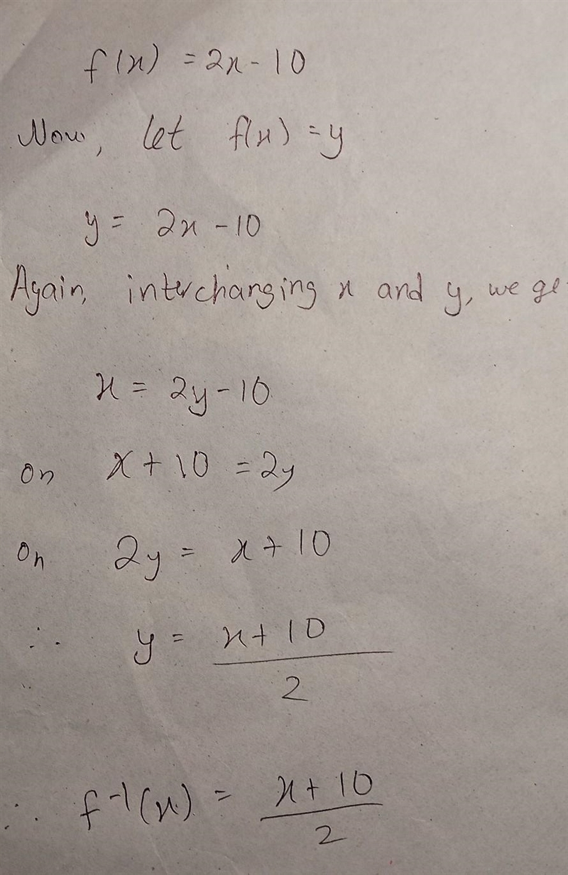 What is the inverse of the function f(x) = 2x - 10? O h(x) = 2x - 5 O h(x) = 2x + 5 • h-example-1