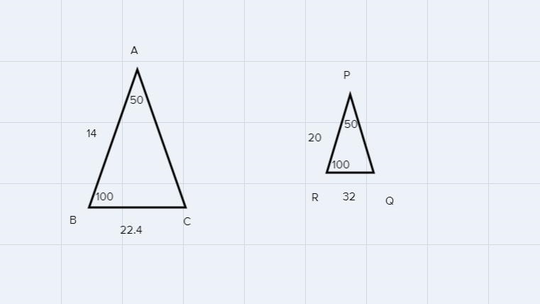 Given: ∠A=50, ∠B=100, △ABC≈△PRQAB=14, BC=22.4, PR= 20, RQ= 32What is ∠Q?What is the-example-1