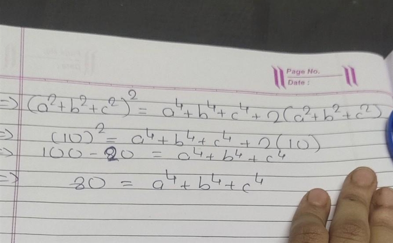 A + b + c = 4 a² + b² + c² = 10 a³ + b³ + c³ = 22 a⁴ + b⁴ + c⁴ =? ​-example-1