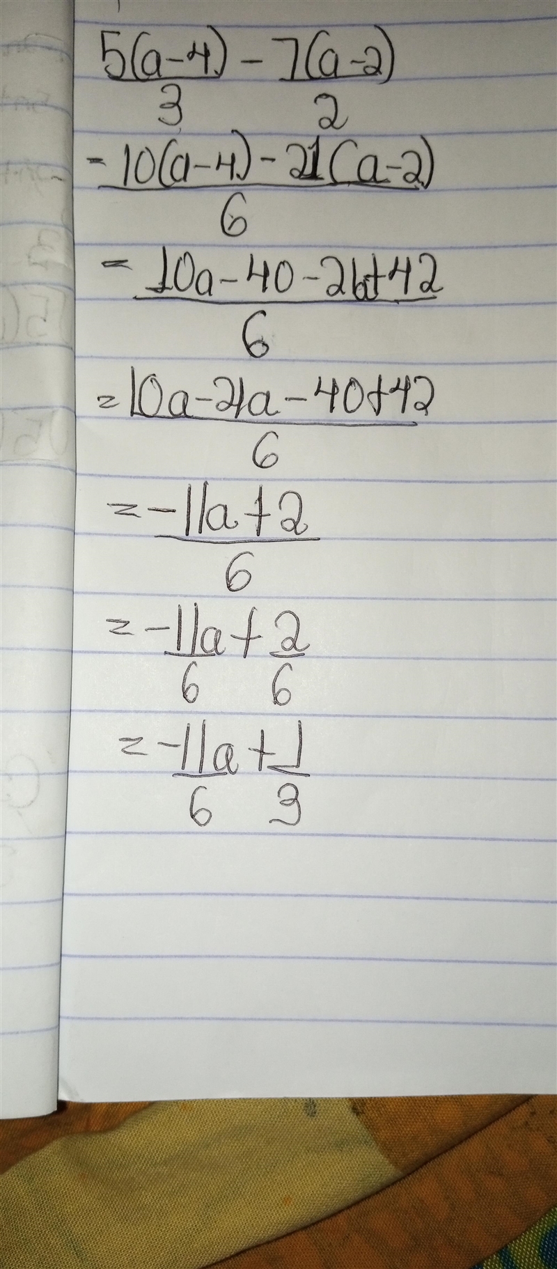 Simplify : 5(a-4) /3-7(a-2)/2-example-1