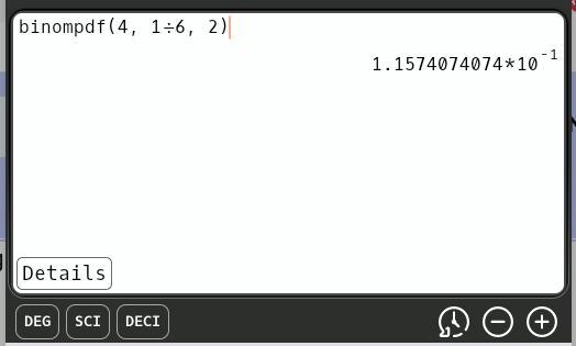 If you roll a dice four times, what is the chance that you roll two 3s?-example-1