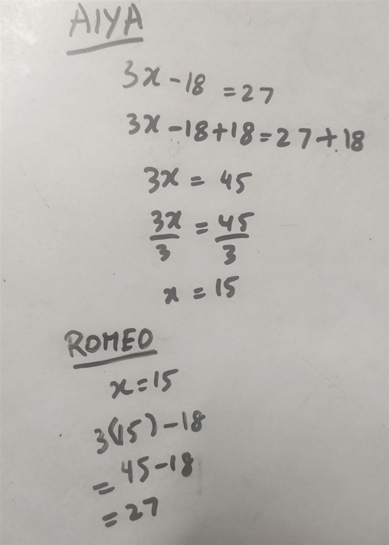 6. Each of the students below made a statement about the equation, 3x - 18 = 27. Which-example-1