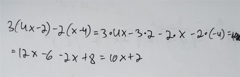 Expand and simplify 3(4x-2)-2(x-4)-example-1