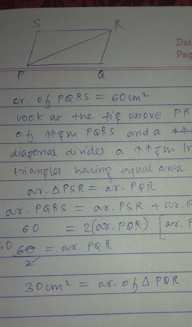 In the given figure, if the area of triangle TQR is 60cm, what is the area of the-example-2