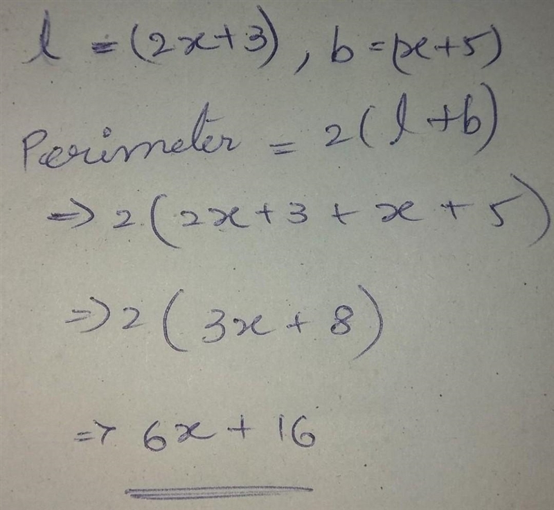 A rectangle has a length of (2x + 3) cm and a width of (x + 5) cm. (a) Find an expression-example-1