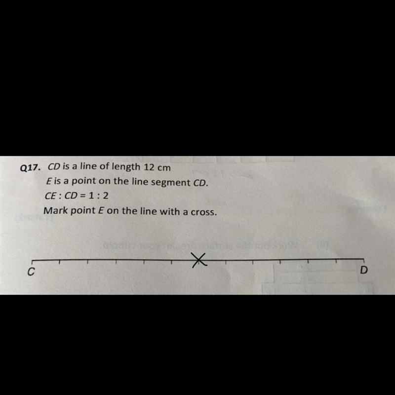 CD is a line of length 12 cm E is a point on the line segment CD. CE: CD = 1:2 Mark-example-1