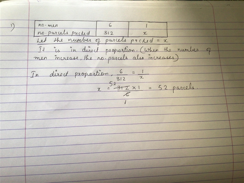 Six men packs 312 parcels per day. Find the number of parcels packed by one man per-example-1