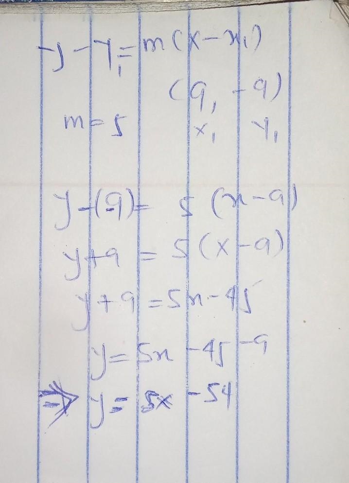 Of the line given the following information. Write the The slope is 5, and the line-example-1