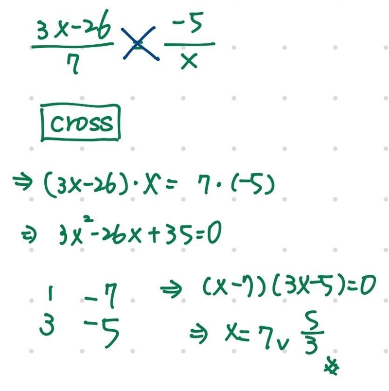 What is a solution to 3x-26/7=-5/x if x/= 0-example-1