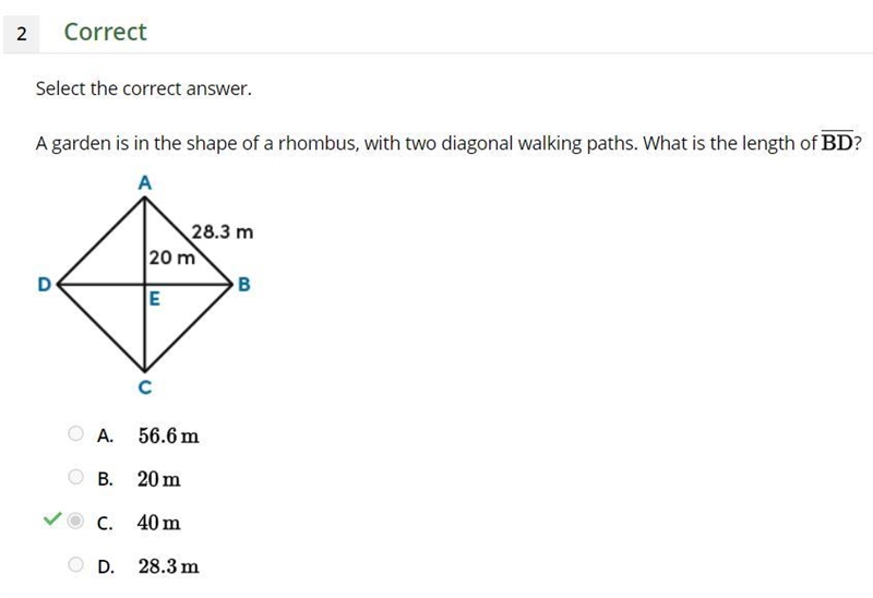 A garden is in the shape of a rhombus, with two diagonal walking paths. What is the-example-1