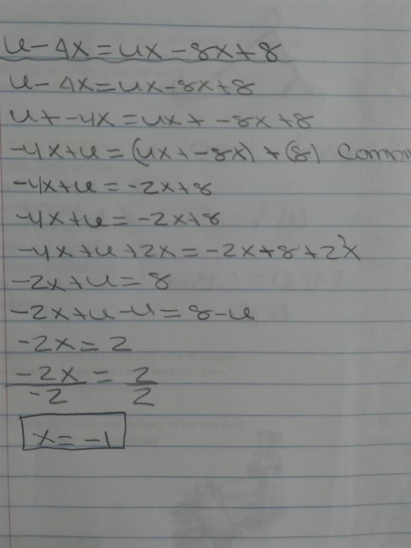 6-4x=6x-8x+8 find the value of x-example-1