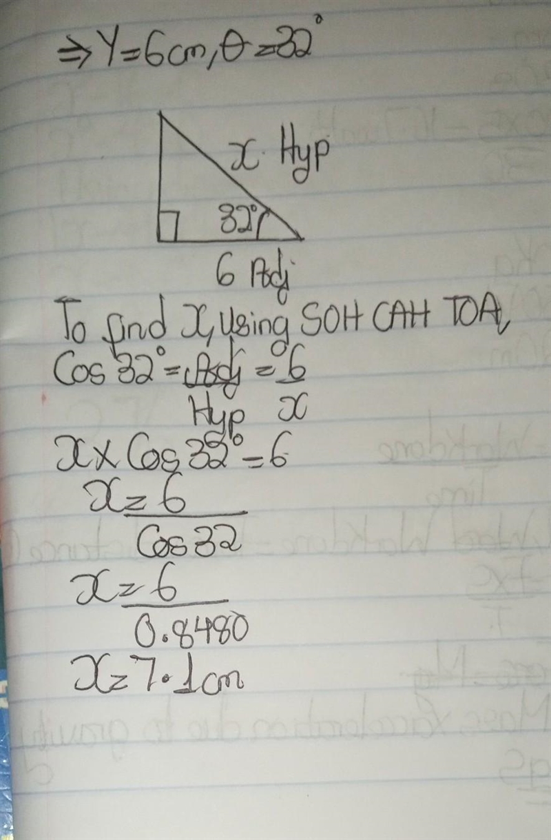 Given that y= 6 cm and θ= 32 °, work out x rounded to 1 dp. (not drawn to scale)-example-1