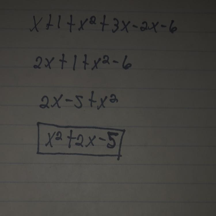 Simplify. (x+1)+(x-2)(x+3) show all work-example-1