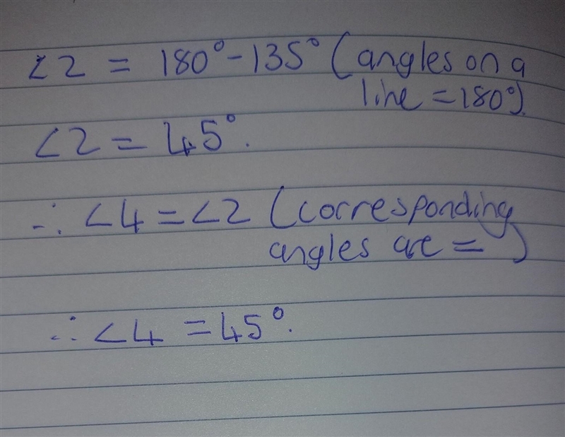 2. D 3 In the diagram above, Z3 = 135º. Find the measure of Z4. 24 = [?]-example-1