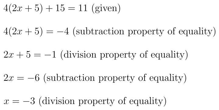 An equation is shown below: 4(2x - 5) + 15 = 11 Write the steps you will use to solve-example-1