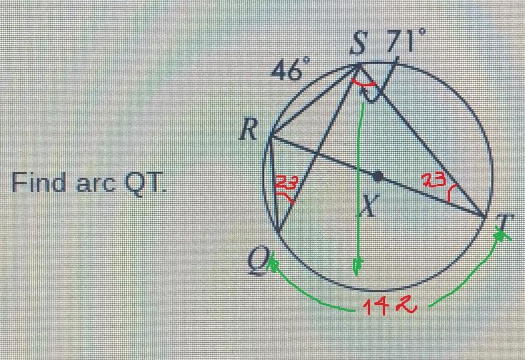 Find arc QT. Answers are: A.71 B.23 C.46 D.142-example-1