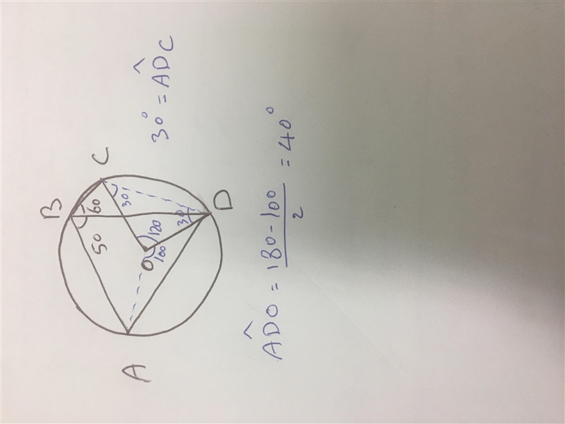 In the figure, ∠ABD = 50° and ∠BCD = 60°. Calculate ∠ADC and ∠ADO.​-example-1