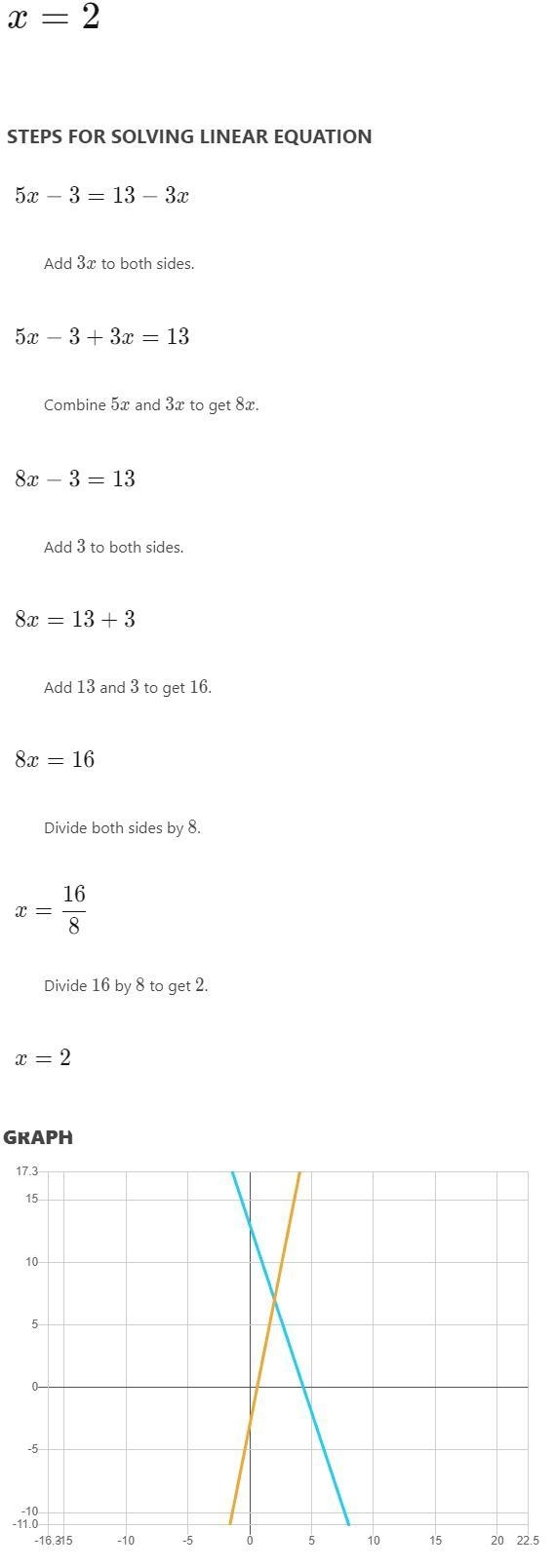 Solving Equations with the Variable on Each Side 5 x - 3 = 13 - 3 x​-example-1