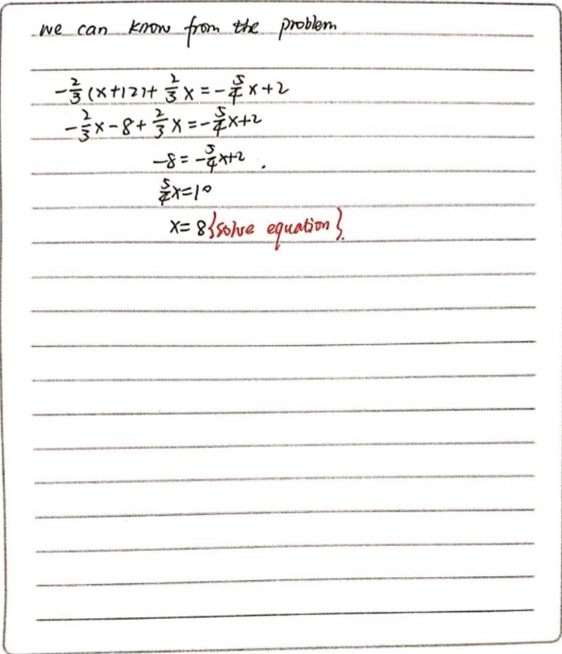 -2/3(x+12)+2/3x= -5/4x +2 show your work thanks! :)-example-1