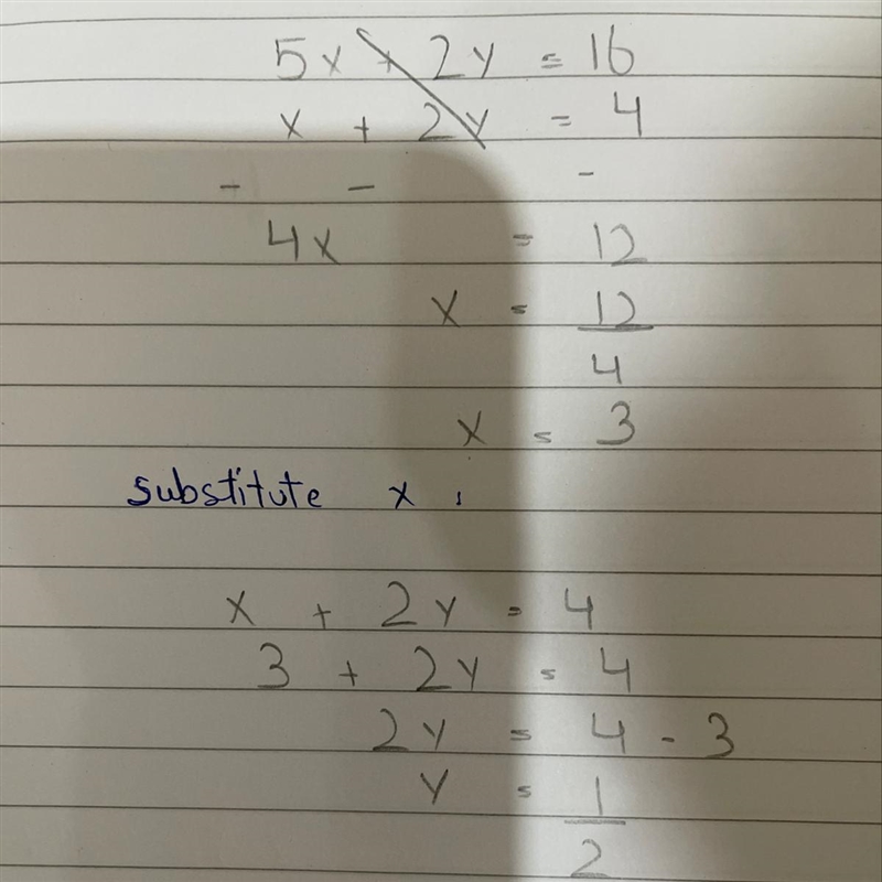 ? Solve the simultaneous equations 5x + 2y = 16 x + 2y = 4-example-1